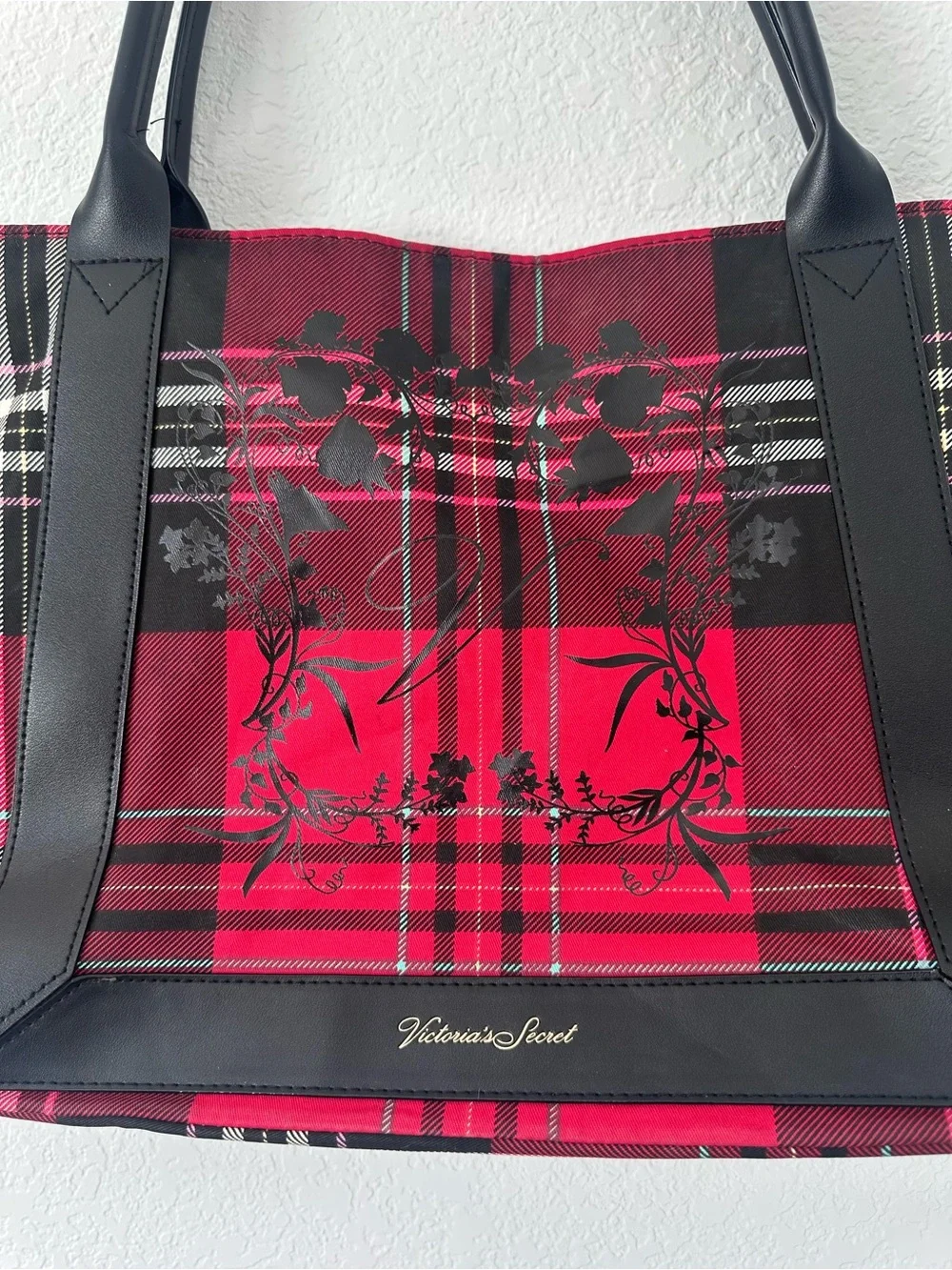 Victoria's Secret Red and Black Plaid Tote with Floral Accent